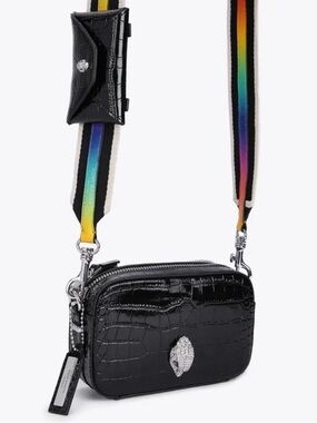Kurt Geiger Shoreditch Small Camera Bag Black Croc Embossed Rainbow Strap NWT